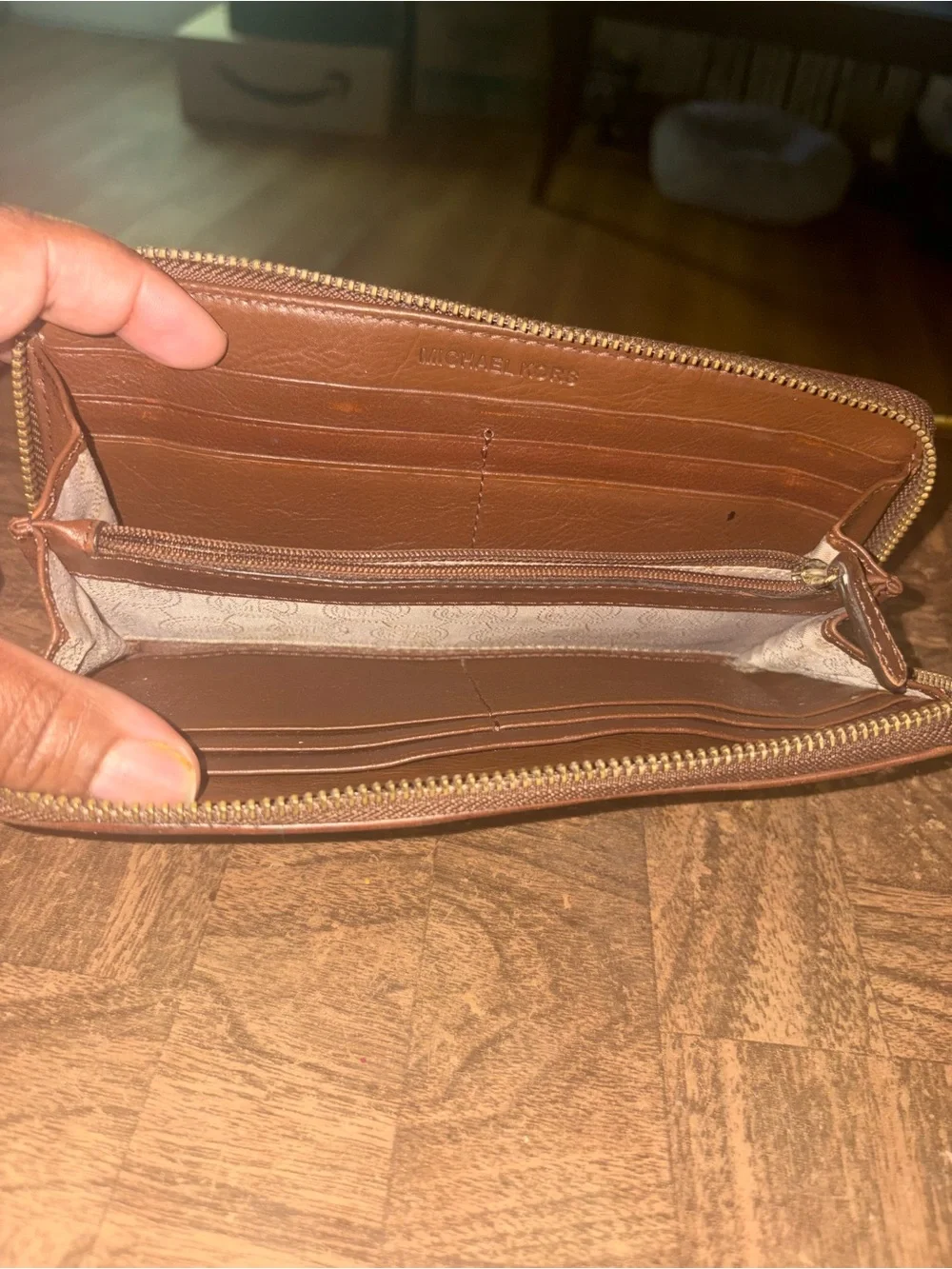 Michael Kors Tan and Brown MK Signature Zip Wallet with Gold Plate